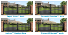 Four Different Driveway Gate Configurations: Regal Wave Arch, Stonecliff Sunrise Arch, Horizon Straight Gate, Stonecliff Sunset Arch